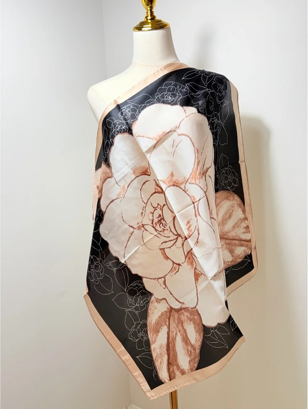 Elegant Floral Print Scarf in Black, White, and Beige